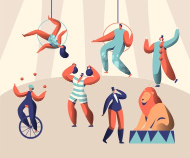 Palyaço Acrobat ve hayvan ile Arena sirk gösterisi. Tek tekerlekli sirk bisikletine üzerinde kadın hokkabaz. Güçlü adam Asansör ağırlıkları. Eğitimli aslan eğitmen ile. Aerialists yüksek kubbe altında. Düz çizgi film vektör çizim
