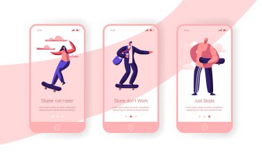 İnsanlar Skate kaykay mobil App sayfa Onboard ekran kurulum karakter. Patenci kız alternatif yaz taşıma Longboard serin özgürlük yaşam tarzı Web sitesi veya Web sayfası. Düz çizgi film vektör çizim