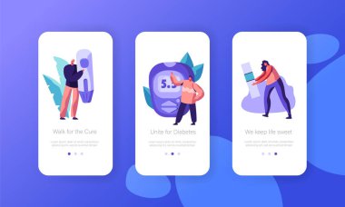 Diyabetik kan glikoz testi dijital Şeker Ölçüm Mobile App sayfa Onboard ekran yönü ayarlayın. İnsülin bakım tedavisi. Şeker Ölçüm cihazları Web sitesi veya Web sayfası. Düz çizgi film vektör çizim