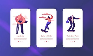 Mobil App sayfa Onboard ekran kurulum hipster çocuk karakter Skate kaykay. Patenci kız serin yaz Modern Longboard özgürlük yaşam tarzı Web sitesi veya Web sayfası. Düz çizgi film vektör çizim
