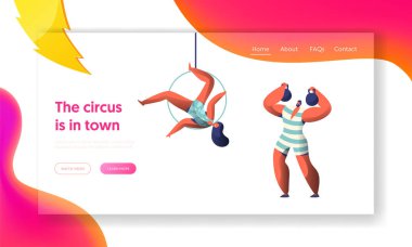 Sirk karnaval gösterisi diktatör ve açılış sayfası Aerialists. Kadın jimnastikçi hava dengede. Adam Asansör Dumbbell. Jimnastikçi sahne Arena Web sitesi veya Web sayfası. Düz çizgi film vektör çizim