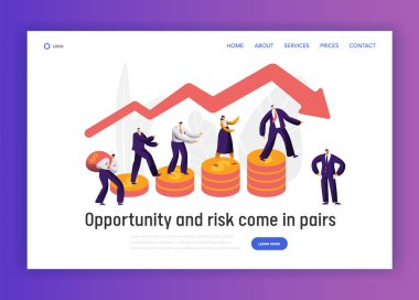 Finansal Risk iş karakter grafik kavramı açılış sayfası. İşadamı sikke yatırım afiş üzerinde yürümek. Güven ekonomi iflas Web sitesi veya Web sayfası. Düz çizgi film vektör çizim