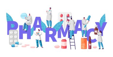 Eczane iş ilaç deposu sanayi karakter tipografi Poster. Eczacı tedavi hasta. Profesyonel eczane ürün. Online Sağlık endüstrisi Vitamin hapı düz çizgi film vektör çizim