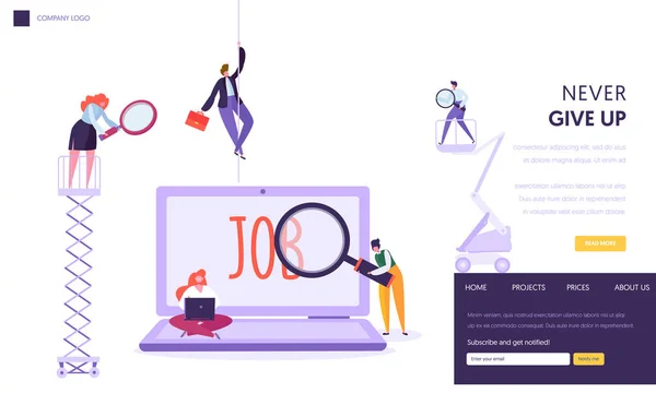 Онлайн пошук роботи Концепція Landing Page. Люди персонажа з ноутбуком і магнітола в пошуках професійного персоналу. Веб-сайт людських ресурсів або веб-сторінка. Плоский мультфільм Векторні ілюстрації — стоковий вектор