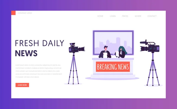 Breaking News Program Concept Landing Page. Live Stream in Television Studio. Announcer Male and Female Character Shoot on Camera Website or Web Page. Flat Cartoon Vector Illustration — Stock Vector