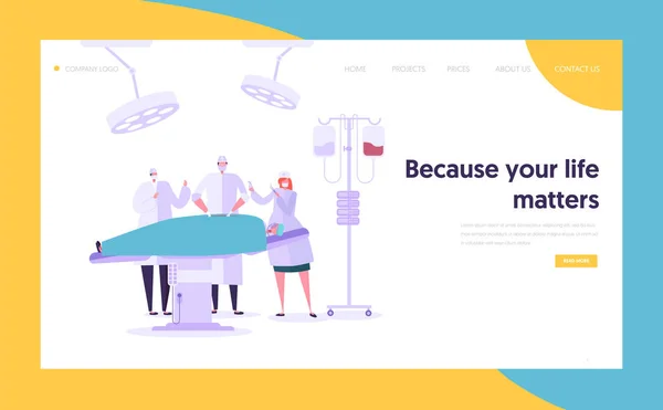 Equipe Médica Realizando Operação Cirúrgica Concept Landing Page. Médico Assistente e Enfermeira Personagem Operar Paciente. Site da Clínica Médica ou Página Web. Desenhos animados plano Vector Ilustração —  Vetores de Stock