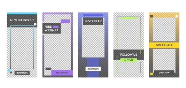 Instagram story best sale offer mobile app page on board screen set. Spaß modernes Quadrat blau gelb grün Design. Social-Media-Hintergrund-Website oder Webseite. flache Zeichentrickvektorillustration — Stockvektor