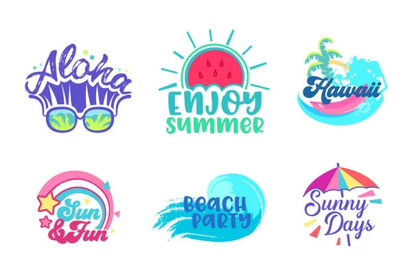 Summer Beach Holiday Tropical Poster Design Set. Paradise Hawaii Vacation Party Typography Banner Template. Insignia publicitaria de la comercialización para la ilustración plana del vector de la historieta del concepto del mar del cóctel — Vector de stock