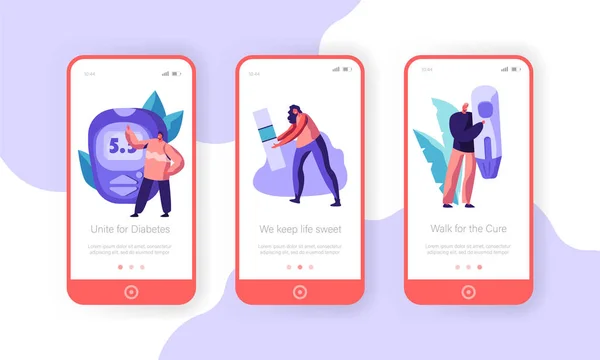 Test de glycémie diabétique au glucomètre numérique Caractère Page d'application mobile Ensemble d'écran de bord. Insulin Health Care. Outil de mesure du sucre Site Web ou page Web. Illustration vectorielle de dessin animé plat — Image vectorielle