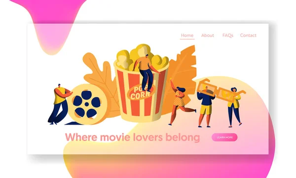 Cinema Movie Time with Popcorn and Drink Landing Page. Young People in 3d Glasses. Woman Carry Film Ticket. Oscar Award Cinematography Website or Web Page. Flat Cartoon Vector Illustration — Stock Vector