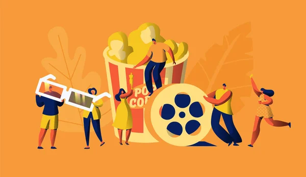 Cinema Film Time cu Popcorn și Drink Weekend. Tineri în ochelari 3D. Femeie transporta bilet. Oscar Award Cinematography. Elementul industriei cinematografice. Flat Cartoon Vector Illustration — Vector de stoc