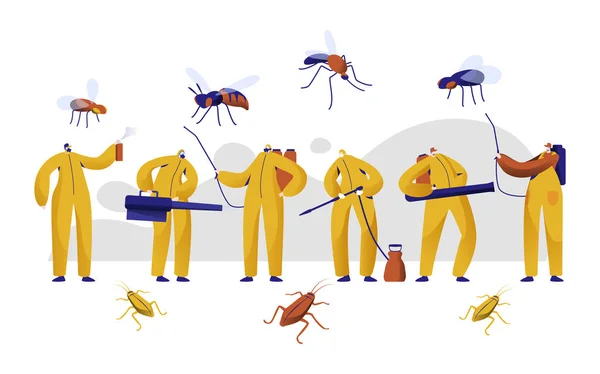 Conjunto de personagens profissionais de controle de pragas de mosquitos. Homem em Luta Uniforme com Insetos com Insecticida Químico Pulverizador Fogging. Ilustração plana do vetor dos desenhos animados da fumigação da proteção tóxica da barata —  Vetores de Stock