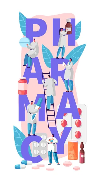 Farmácia Negócios On-line Drug Store Personagem Tipografia Banner. Assistência Farmacêutica ao Doente. Indústria Médica Profissional para Publicidade de Cuidados de Saúde Vertical Poster Flat Cartoon Vector Ilustração — Vetor de Stock