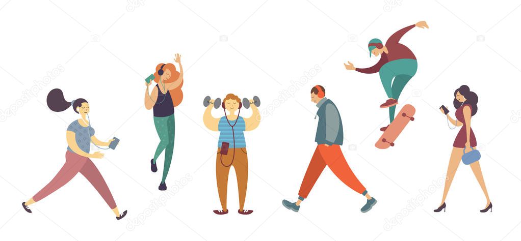 Male and Female Character Listening Music with Headphone on White Background Isolated Set. Active People Image Dancing, Skating, Walking, Do Sport Exercise. Flat Cartoon Vector Illustration