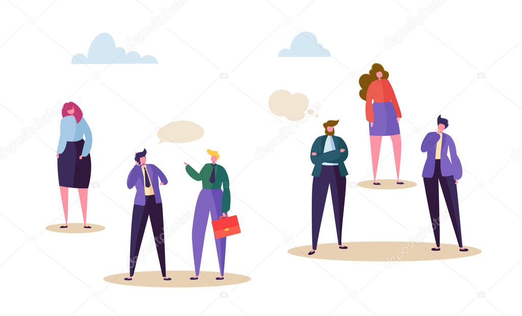 Human Right Discrimination Concept. Woman Character Stay Aside From Talking Man. Negative Communication in Social, Corporate Race, Bullying, Racism. Flat Cartoon Vector Illustration