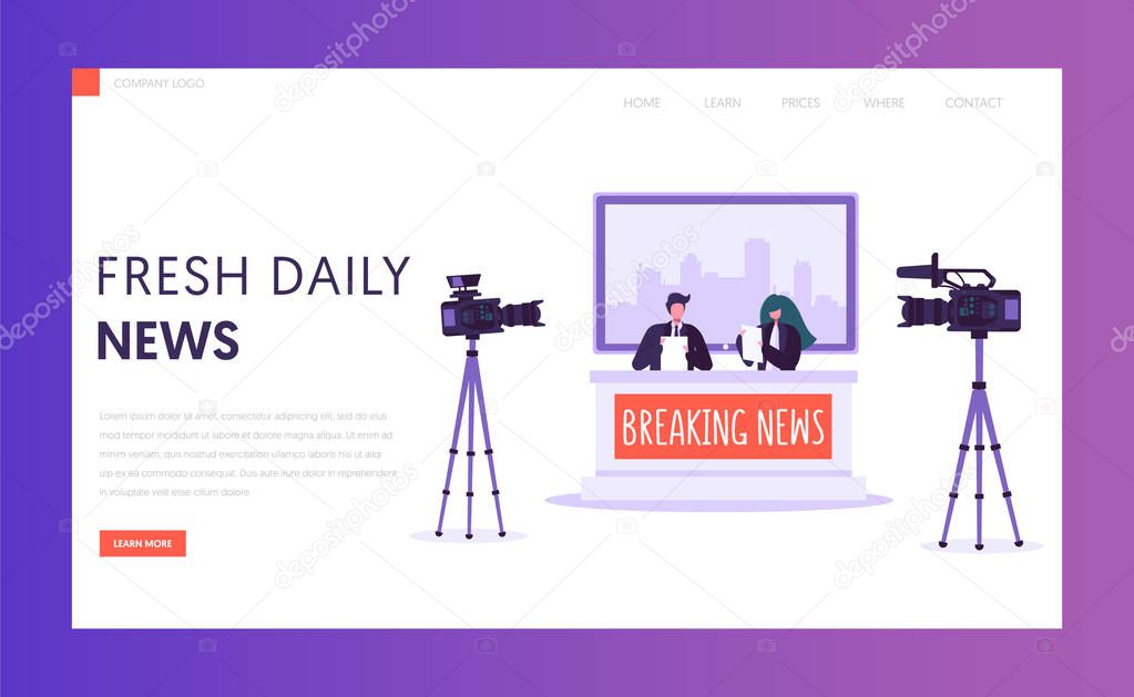 Breaking News Program Concept Landing Page. Live Stream in Television Studio. Announcer Male and Female Character Shoot on Camera Website or Web Page. Flat Cartoon Vector Illustration
