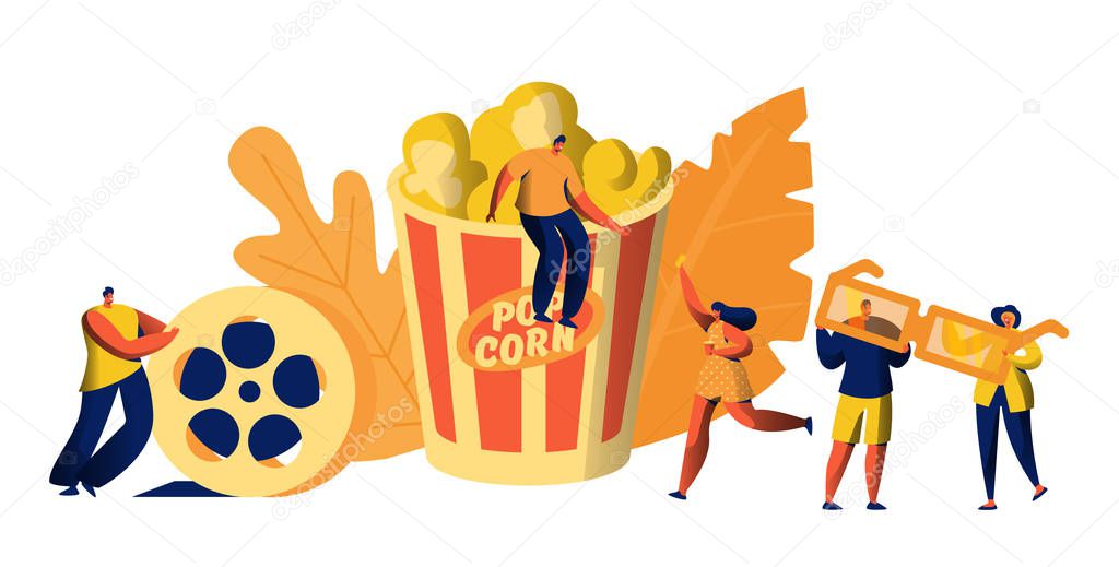 Cinema Movie Time with Popcorn and Drink Weekend Leisure. Young People with 3d Glasses. Man Push Filmstrip. Girl Carry Ticket on Premiere . Element of Film Industry. Flat Cartoon Vector Illustration