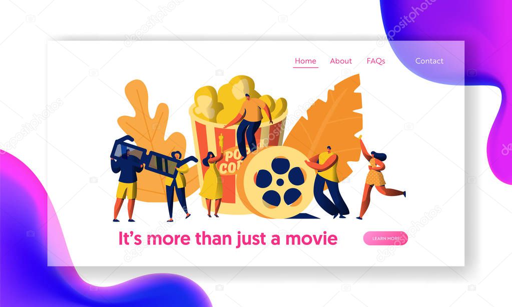 Cinema Movie Character with Popcorn and Drink Landing Page. Young People in 3d Glasses. Girl Carry Ticket on Premiere . Element of Film Industry Website or Web Page. Flat Cartoon Vector Illustration