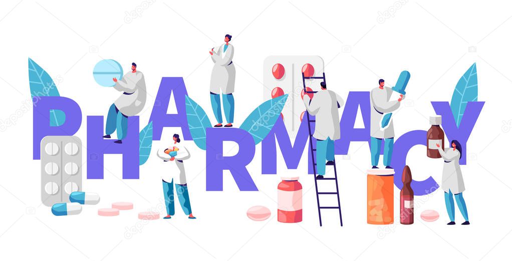 Pharmacy Business Drug Store Industry Character Typography Poster. Pharmacist Cure Patient. Professional Drugstore Product. Healthcare Online Industry Vitamin Pill Flat Cartoon Vector Illustration