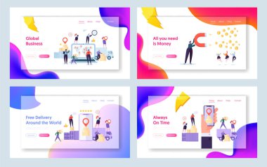 Açılış sayfası kümesini online küresel dünya teslim kavramı. İnsanlar akıllı telefon uygulama izleme paket Online karakter. Dünya çapında lojistik Web sitesi veya Web sayfası. Düz çizgi film vektör çizim
