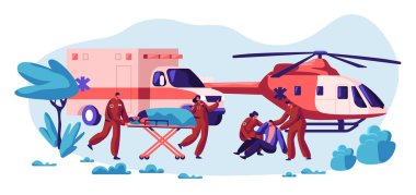 Profesyonel kurtarma ekibi hayatını iyi bak. Hızlı ulaşım, helikopter ve araç sağlık karakter kaza ve ulaşım acil hastaneye. Düz çizgi film vektör çizim