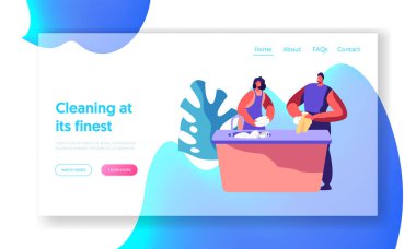 Aile mutfak temizlik açılış sayfası. Ev işleri, ev işleri ev yemekleri, temizlik ve rutin çalışma. Kişinin gülümseme, Kuru plaka Web sitesi veya Web sayfası için mutlu. Düz çizgi film vektör çizim