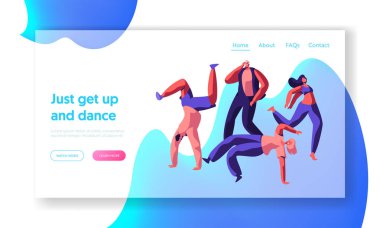 Aşırı Breakdance sokak açılış sayfasında dans karakter. Serbest müzik serin eylem partisi. Genç adam, genç esnek akrobatik Web sitesi veya Web sayfası. Düz çizgi film vektör çizim