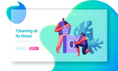 Kirli beyaz renk Temizleme Çamaşır Çamaşırhane yıkayıcı Oda açılış sayfası giysiler. Ev elektronik makine teknolojisi ev deterjan ekipman Web sitesi veya Web sayfası. Düz çizgi film vektör çizim