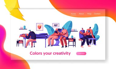 Dövme ustası olun mürekkep resmi açılış sayfası salonunda. Genç profesyonel dövmeci tutun makine el iş yerinde. Adam sanatçı boya insan vücut Web sitesi veya Web sayfası. Düz çizgi film vektör çizim