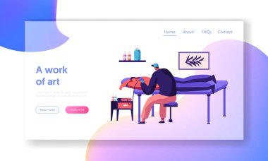 Dövme ustası olun mürekkep resmi açılış sayfası salonunda. Genç profesyonel dövmeci tutun makine el iş yerinde. Adam sanatçı boya istemci geri Web sitesi veya Web sayfası. Düz çizgi film vektör çizim