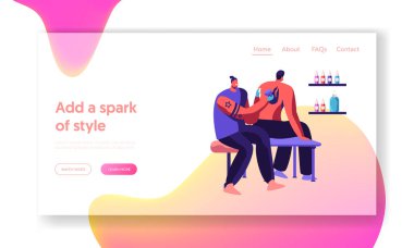 Dövme ustası olun mürekkep resmi açılış sayfası salonunda adam için. Profesyonel dövmeci makine iş yerinde tutun. Sanatçı boya istemci arka yangında Studio Web sitesi veya Web sayfası. Düz çizgi film vektör çizim