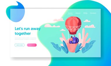 Genç çift sinek hava balon gökyüzünde açılış sayfası seviyorum. Kadın erkek birlikte romantik tadını çıkarın. Mutlu aşıklar açık hava Web sitesi veya Web sayfasında serbest zaman harcamak. Düz çizgi film vektör çizim