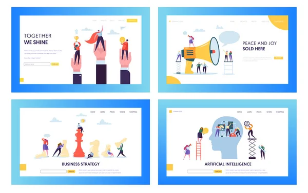 Conjunto de páginas de aterrizaje de concepto de estrategia empresarial moderna. Inteligencia artificial y tecnología de la ciencia de datos. Personaje de la gente con el sitio web o la página web de Winner Cup. Ilustración plana del vector de la historieta — Vector de stock