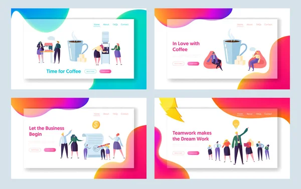 Office koffiepauze Concept Landing Page Set. Business Partner nieuwe Contract ondertekening. Werknemer teken ontspannen Lunch Website of webpagina. Droom Teamwork platte Cartoon vectorillustratie — Stockvector