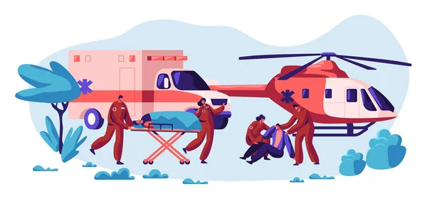 Equipe de resgate profissional Cuidar de sua vida. Transporte Rápido, Helicóptero e Caráter de Cuidados de Saúde de Veículo de Acidente e Transporte para Hospital Urgente. Desenhos animados plano Vector Ilustração — Vetor de Stock