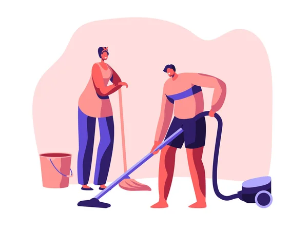 Banner de limpeza. Personagem Doméstica Scrubwoman Housework Piso de limpeza. Horário de trabalho doméstico. Equipamento Detergente Broom Bucket Aspirador de Pó seco. Desenhos animados plano Vector Ilustração —  Vetores de Stock