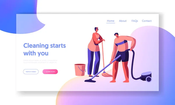 Scrubwoman ランディング ページで大掃除。文字国内家事掃除床。掃除機、ほうき、バケツのウェブサイトまたは Web ページで清掃時間。フラット漫画のベクトル図 — ストックベクタ