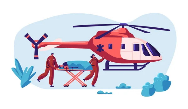 Resgate de Medicina Profissional. Personagem de Urgência Paramédica Ferida por Helicóptero para Hospital de Saúde. Transporte rápido de Copter Voe para a Clínica para obter ajuda. Desenhos animados plano Vector Ilustração —  Vetores de Stock