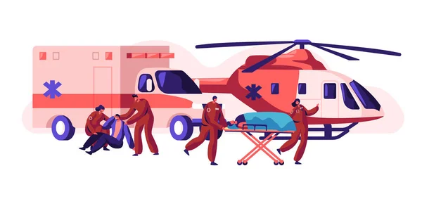 Equipe de ambulância profissional Cuidar de sua saúde. Transporte Rápido, Copter e Caráter de Cuidados de Saúde Carro de Acidente e Transporte para Clínica Urgente. Desenhos animados plano Vector Ilustração — Vetor de Stock