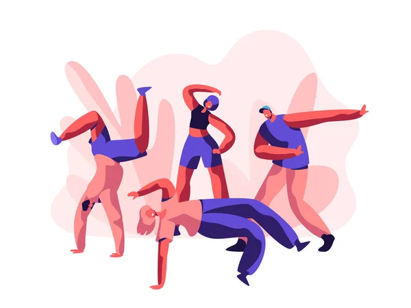 Person Dancing Breakdance Freestyle Party (em inglês). Jovens Adolescentes mostram Flexível e Acrobático. Atividade Estilo de Vida, Cool Extreme Sport para Dança de Rua e Música. Desenhos animados plano Vector Ilustração — Vetor de Stock