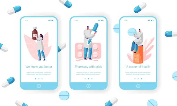 Penjualan Pelanggan Medis Layanan Kesehatan Halaman App Mobile Onboard Screen Set. Farmasi Penjualan Antibiotik, Vitamin dan Pill dengan Resep Website atau Web Page. Ilustrasi Vektor Kartun Datar - Stok Vektor