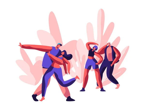 Teken weergegeven: grappige Disco. Vreugdevolle tijd om te dansen en Freestyle partij. Jeugd jongen en meisje activiteit actie samen in dansen op muziek Street Concert. Platte Cartoon vectorillustratie — Stockvector