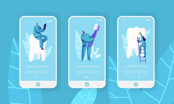 Sehat Gigi Bersih sikat gigi Halaman Aplikasi Mobile Onboard Layar Set. Dentist membuat Pencegahan, Pasta gigi untuk Situs Web Kesehatan atau Web Page. Ilustrasi Vektor Kartun Datar - Stok Vektor