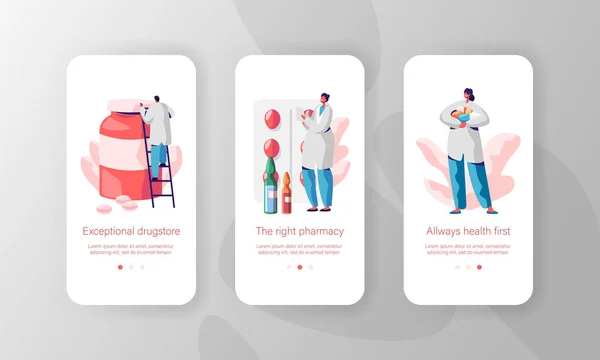 Olağanüstü ilaç reçete ilaç mobil App sayfasının Onboard ekran seti. Eczane, eczane başta her zaman sağlık tıp vitamini web sitesi veya Web sayfası. Düz çizgi film vektör çizim — Stok Vektör