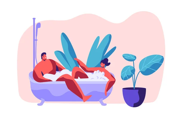 Man and Woman Take Bath Together with Bubble in Bathroom. Happy Young Couple Enjoy Romantic Home Time. Two Human Lovers Relaxation in Bathtub Spa Day. Flat Cartoon Vector Illustration — Stock Vector
