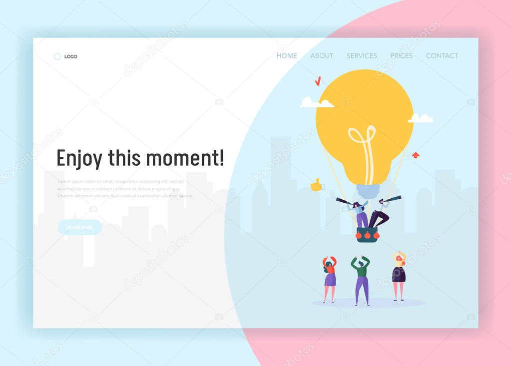 People on Lightbulb Flying Airballoon Looking for Business Idea Concept Landing Page. Male and Female Character in Suit Make Creative Solution Website or Web Page. Flat Cartoon Vector Illustration