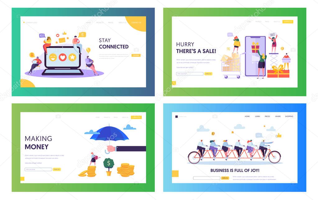 Successful Online Business Team Concept Landing Page Set. People Chatting and Make Sale at Online Store Mobile Application. Financial Management Website or Web Page. Flat Cartoon Vector Illustration
