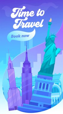 Tipografi afiş seyahat vakti geldi. Amerika Birleşik Devlet büyük şehir ziyaret edin. New York görme gibi Brooklyn Köprüsü, Central Park, Times Meydanı ve Anıtı vardır. Düz çizgi film vektör çizim