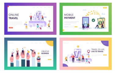 Online açılış sayfası kümesini seyahat. Dünya Smartphone içinde ziyaret edin. Internet üzerinden bir şey satın almak ve yaratıcı iş web sitesi veya Web sayfası geliştirme mobil ödeme yapmak. Düz çizgi film vektör çizim