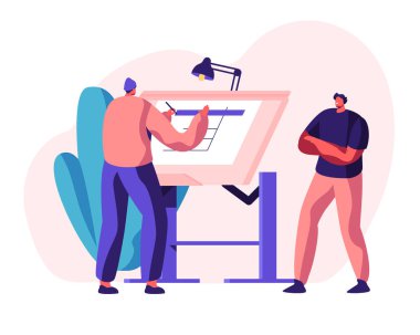 Mühendis mimar çalışma taslak proje çizim tahtası üzerinde. Adam mimari çizim yaratıcısı. Ofis kişi projelendirme profesyonel planı. İnşaat düzen düz çizgi film vektör çizim